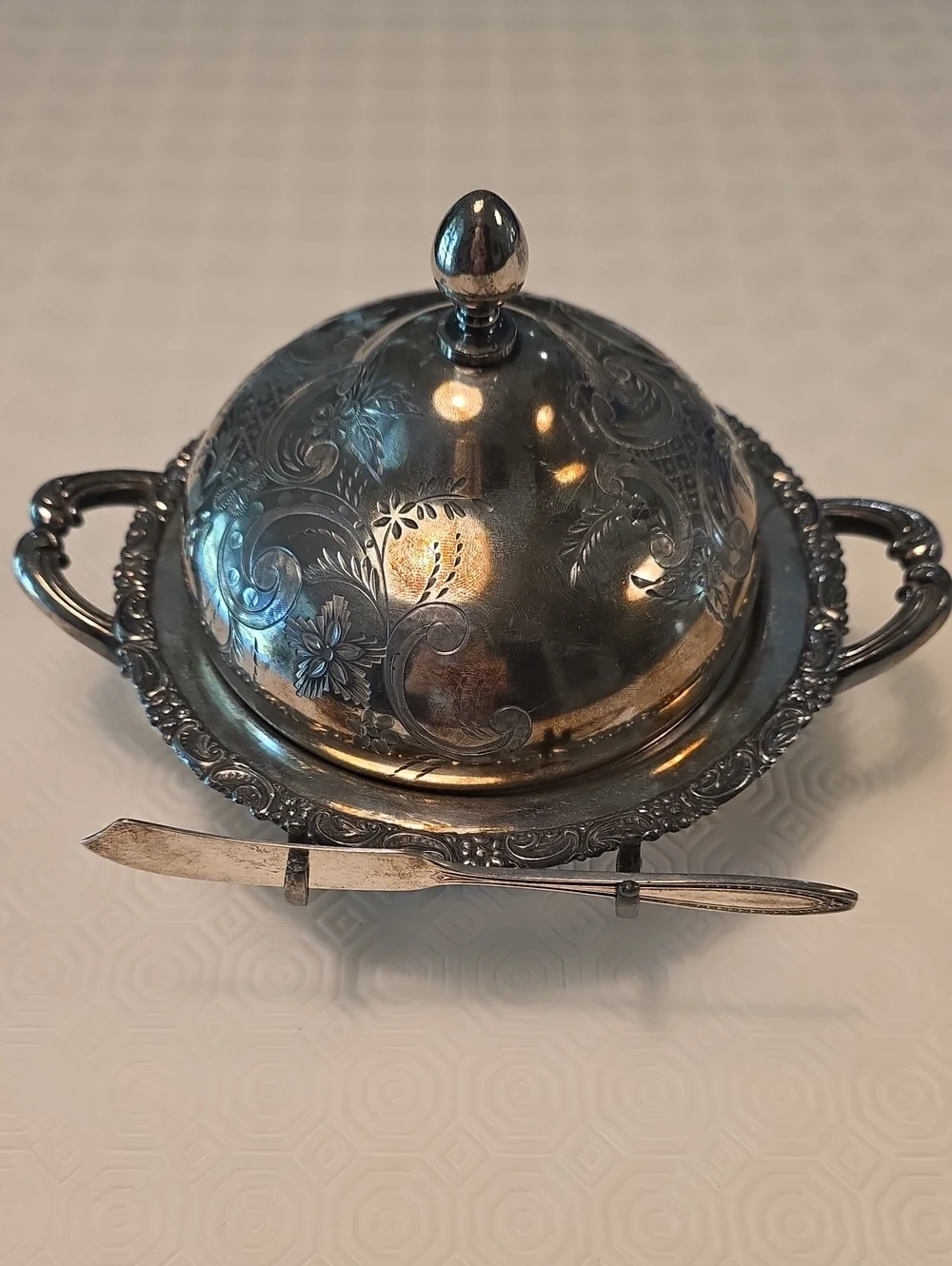 Ornate Silver-Tone Butter Dish with Knife